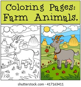 Coloring Pages: Farm Animals. Cute goat stands on the grass in the field and smiles.