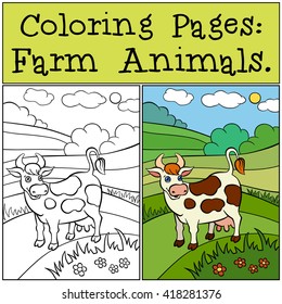 Coloring Pages: Farm Animals. Cute Cow Stands On The Field And Smiles.