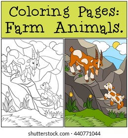 Coloring Pages: Farm Animals. Father goat with his little cute baby goat on the rocks. 