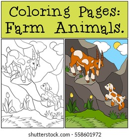 Coloring Pages: Farm Animals. Father Goat With His Little Cute Baby Goat On The Rocks. 