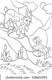 Coloring pages. Farm animals. Father goat looks at his goatling and smiles.