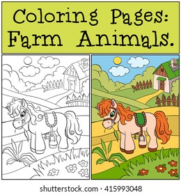 Coloring Pages: Farm Animals. Little cute pony eats grass on the field.