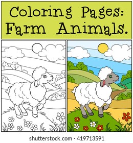 Coloring Pages: Farm Animals. Little cute sheep stands on the grass and smiles.