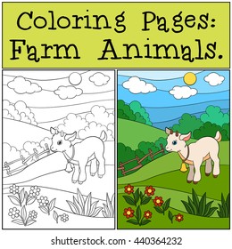 Coloring Pages: Farm Animals. Little cute baby goat stands on the field and smiles.