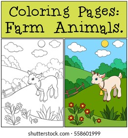 Coloring Pages: Farm Animals. Little Cute Baby Goat Stands On The Field And Smiles.