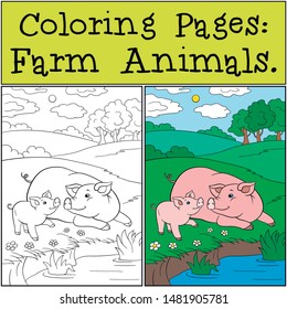 Coloring Pages: Farm Animals. Mother pig with her little cute piglet are near the pond.