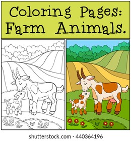 Coloring Pages: Farm Animals. Mother goat with her little cute baby goat on the field.