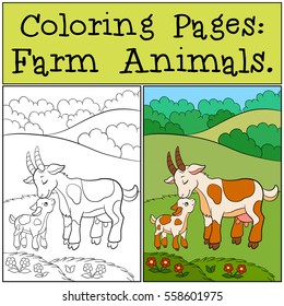 Coloring Pages: Farm Animals. Mother goat with her little cute baby goat on the field.