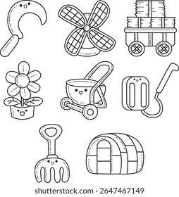 Ilustração de páginas coloridas de itens do agricultor. Contorno de palha e mochila pulverizador ilustração