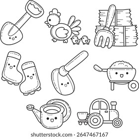 Ilustração de páginas coloridas de itens do agricultor. Ilustração do contorno de espadas e botas