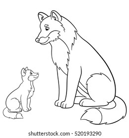Coloring pages. Father wolf with his little cute baby.