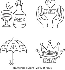 Colorir páginas do ícone de celebração do Dia dos Pais. Lineart de elementos Feliz Dia dos Pais. Contorno de vinho e guarda-chuva para o papai