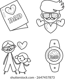 Coloring pages of Father's Day celebration icon. Lineart of Happy Father's Day elements. Outline of father with love letter from daughter