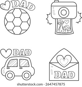 Coloring pages of Father's Day celebration icon. Lineart of Happy Father's Day elements. Outline of car and love envelope for father