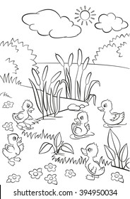 Coloring Pages. Five Little Cute Ducklings Swim On The Lake And Stand On The Grass. There Are Bushes, Flowers And Reeds Around. Summer.