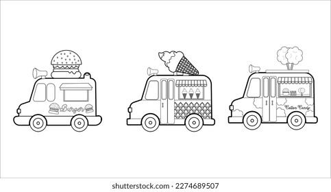 Coloring pages. Food truck. Cartoon clipart set for kids activity colouring book. Vector illustration.