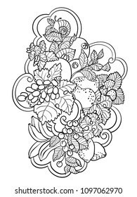 Coloring pages with fruits and abstract waves for children and adult people made in vector ornament style with a lot of elements