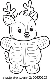 Coloring pages of funny baby Deer animal series stock illustration. outline of deer wearing a Skull costume 