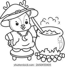 Coloring pages of funny baby Deer animal series stock illustration. outline of witch deer cooking a potion