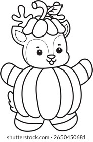 Coloring pages of funny baby Deer animal series stock illustration. outline of deer wearing a pumpkin costume 