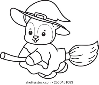 Coloring pages of funny baby Deer animal series stock illustration. outline of witch deer flying with broom stick 