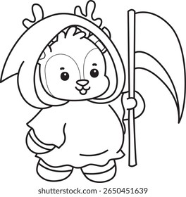 Coloring pages of funny baby Deer animal series stock illustration. outline of deer wearing an angel of death costume