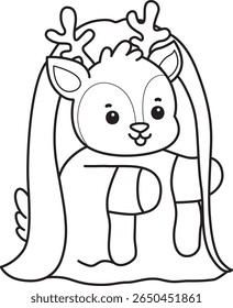 Coloring pages of funny baby Deer animal series stock illustration. outline of deer with long hair and white ghost costume 