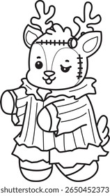 Coloring pages of funny baby Deer animal series stock illustration. outline of deer wearing a Frankenstein costume.