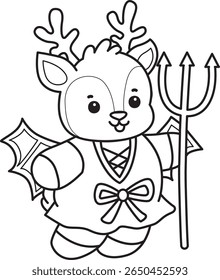 Coloring pages of funny baby Deer animal series stock illustration. outline of deer wearing a red devil costume 