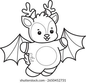 Coloring pages of funny baby Deer animal series stock illustration. outline of deer flying with bat wings