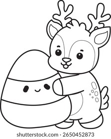 Coloring pages of funny baby Deer animal series stock illustration. outline of deer hugging a yellow candy