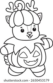 Coloring pages of funny baby Deer animal series stock illustration. outline of deer wearing a pumpkin costume in halloween