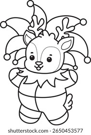 Colorir páginas do bebê engraçado Série animal de veado ilustração de estoque. esboço de veado vestindo um traje de palhaço