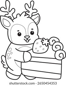 Colorir páginas de engraçado bebê Cervo série animal ilustração stock. contorno de cervo trazer uma fatia de bolo