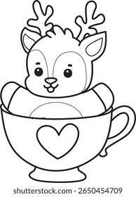 Coloring pages of funny baby Deer animal series stock illustration. outline of deer stuck in the cup of tea