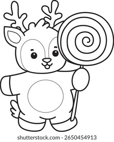 Coloring pages of funny baby Deer animal series stock illustration. outline of deer bring a lollipop