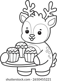 Coloring pages of funny baby Deer animal series stock illustration. outline of deer bring a three of cupcakes