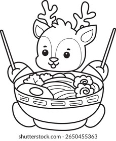 Colorir páginas de engraçado bebê Cervo série animal ilustração stock. esboço de veado comendo um ramen