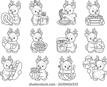 Coloring pages of funny baby Deer animal series stock illustration. outline of deer bring a junk food and meal