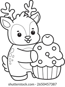 Coloring pages of funny baby Deer animal series stock illustration. outline of deer bring a creamy cupcake