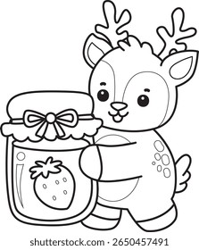 Coloring pages of funny baby Deer animal series stock illustration. outline of deer bring a strawberry jam