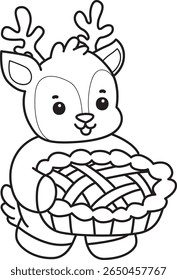 Coloring pages of funny baby Deer animal series stock illustration. outline of deer bring a pie cherry