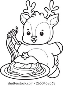 Coloring pages of funny baby Deer animal series stock illustration. outline of deer eating a noodles