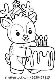 Coloring pages of funny baby Deer animal series stock illustration. outline of deer bring a birthday cake