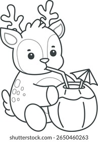Coloring pages of funny baby Deer animal series stock illustration. outline of deer drinking a coconut drink