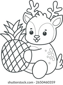 Coloring pages of funny baby Deer animal series stock illustration. outline of deer bring a pineapple