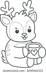 Coloring pages of funny baby Deer animal series stock illustration. outline of deer drinking a hot tea