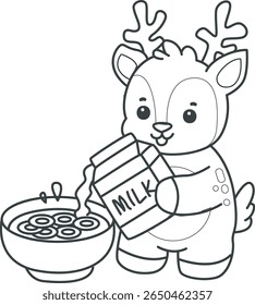 Coloring pages of funny baby Deer animal series stock illustration. outline of deer pouring a milk into cereal bowl