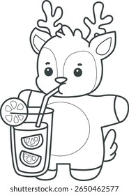 Coloring pages of funny baby Deer animal series stock illustration. outline of deer drinking an orange juice
