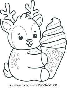 Coloring pages of funny baby Deer animal series stock illustration. outline of deer bring a strawberry ice cream